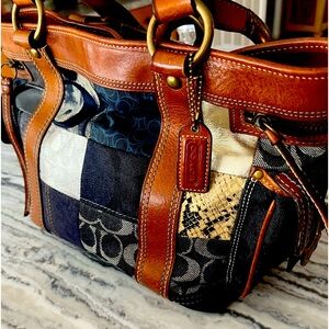 Authentic Coach Indigo  Denim Patchwork Vintage  Whiskey Leather Satchel Purse